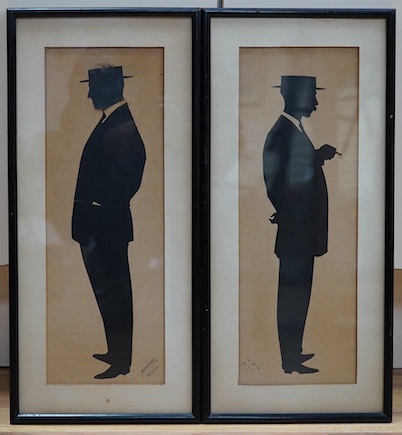 Edwardian School, pair of cut paper silhouettes, Portraits of gentlemen, each monogrammed WDM and dated 30/7/12, 34 x 12cm. Condition - poor